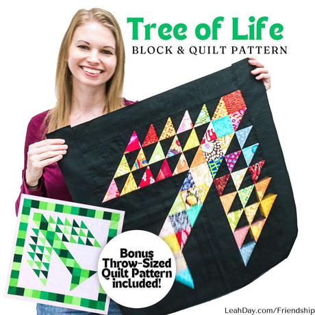 Leah Day holding a Tree of Life quilt block with colorful triangles and text about the pattern.